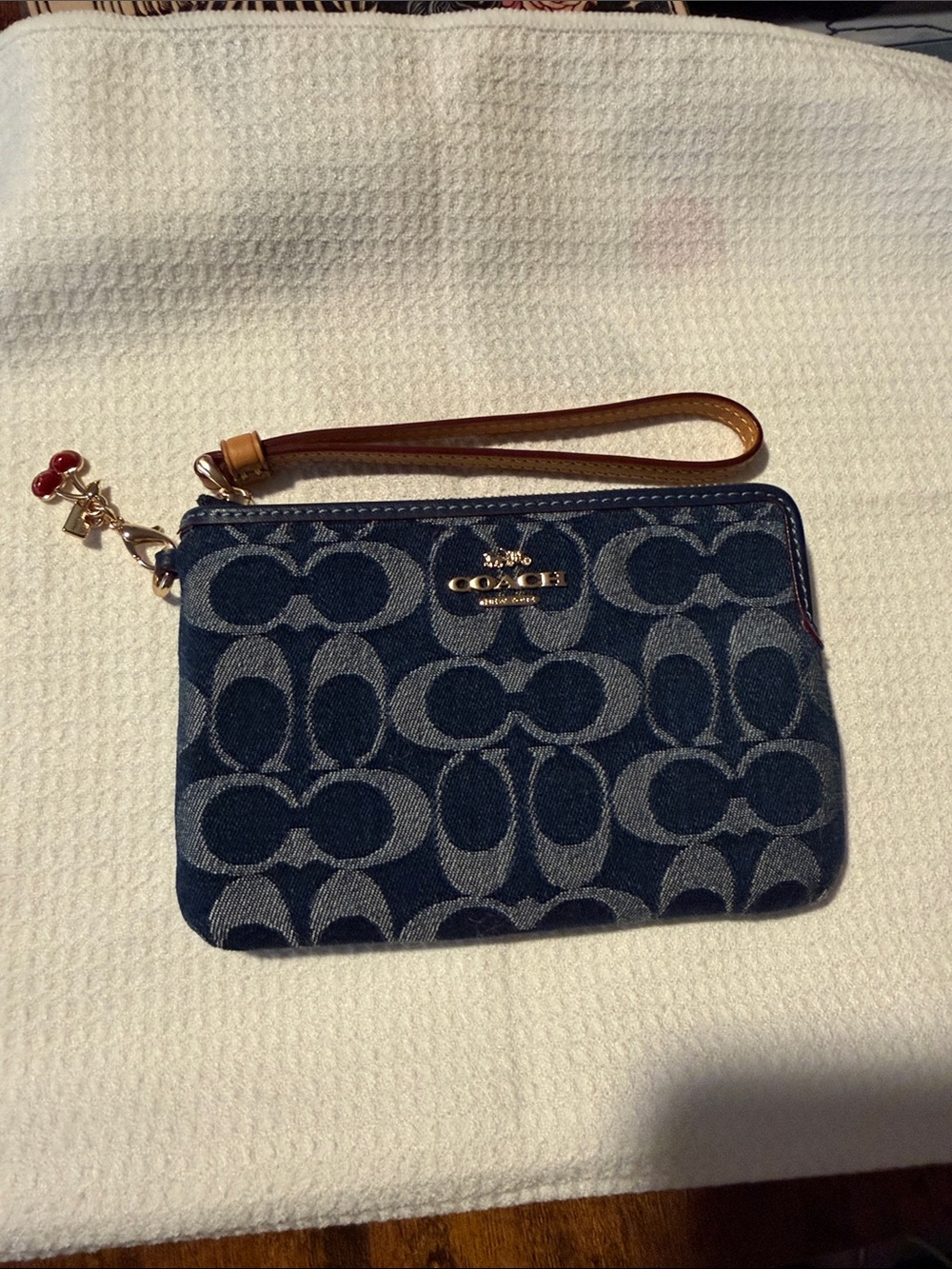 Coach Navy Signature Canvas Wristlet with Tan Leather Strap